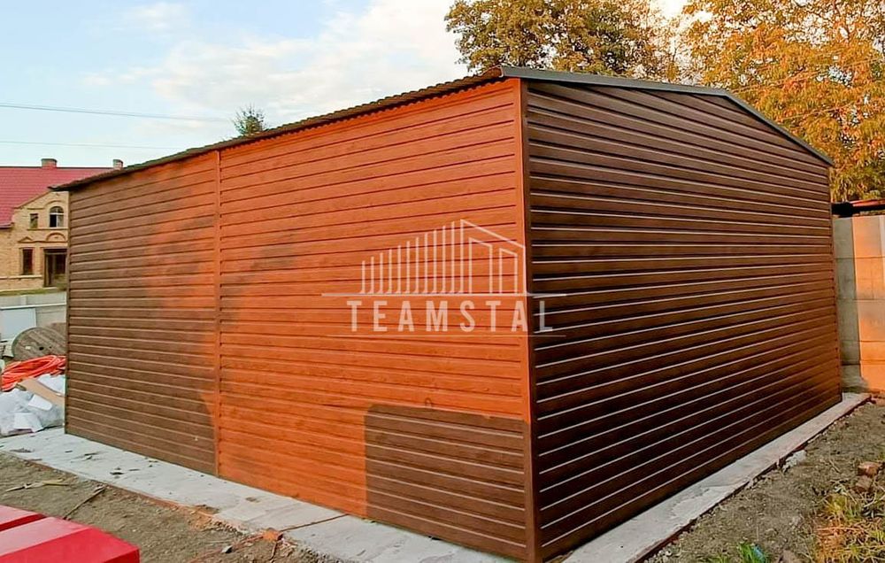 GARAŻ BLASZANY 5m x 7m dwuspad - Brama - ciemny orzech TS236 5x7