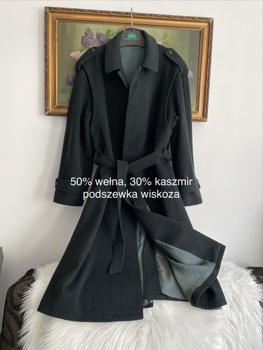 Wełniany płaszcz męski ,trencz z paskiem M/L, 50% wełna , 30 % kaszmir