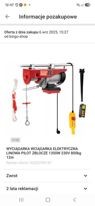 Wyciagarka wciagarka elektryczna linowa pilot zblocze 1350W 230V 800kg 12m