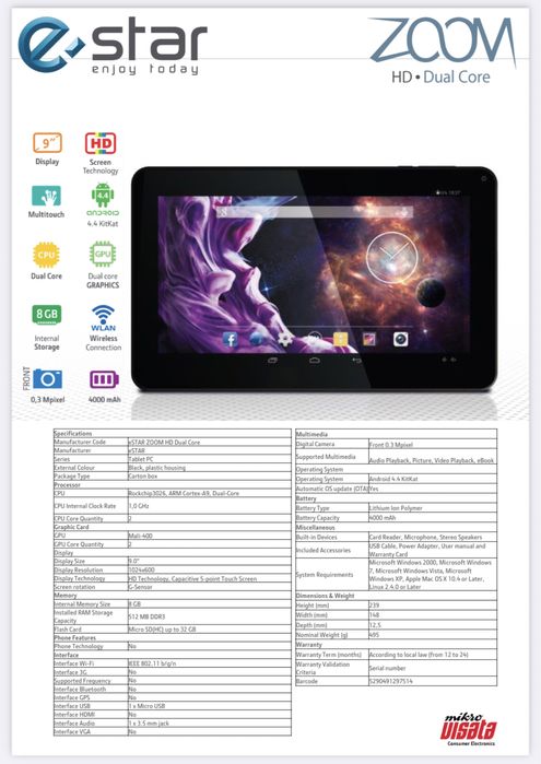Tablet EStar Zoom HD Dual Core (Mid9034)