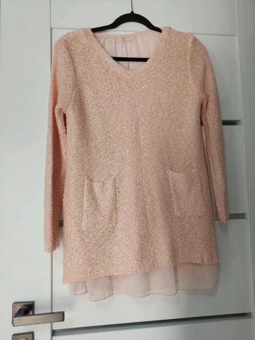Różowy sweter tunika z cekinami i z tiulem rozm. S/m 36 38