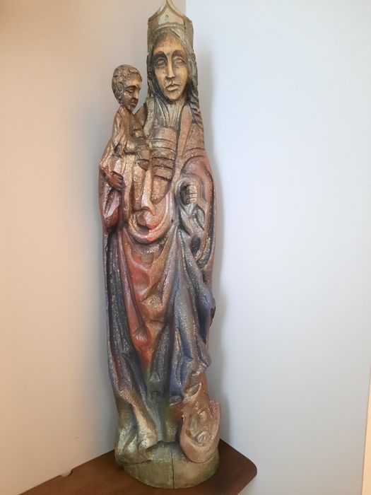 Stara duża drewniana figurka 75,5cm Matka Boska z dzieciątkiem rzeźba