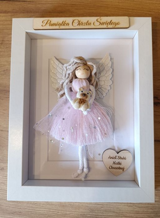 Anioł stróż w białej ramce prezent urodziny pamiątka chrztu komunii