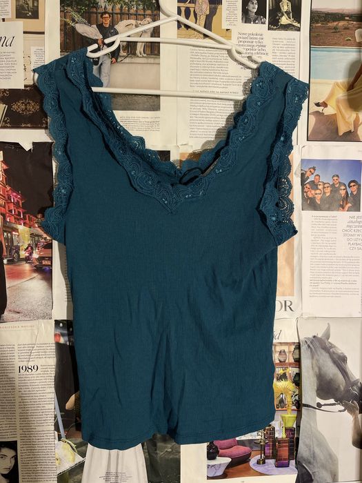 Turkusowa koszulka z koronką vintage y2k bez rękawów podkoszulka Reserved