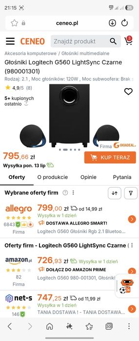 Głośniki komputerowe 2.1 Logitech G560 LIGHTSYNC 120W  RGB Bluetooth Czarne