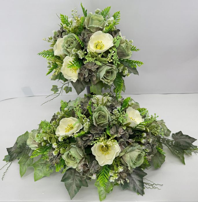 Komplet na grób stroik i bukiet zielono kremowy dekoracja cmentarna