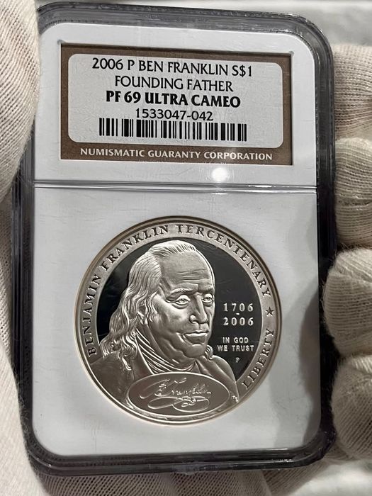 Долар 2006р. США. ФРАНКЛІН. СРІБЛО. ПРУФ. СЛАБ грейд PF69