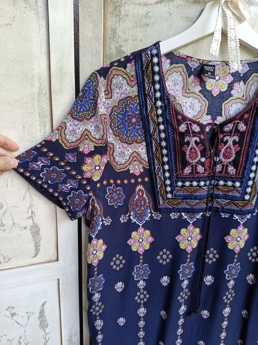 L biust 52x2 długa boho folk z haftem sukienka paisley hippie