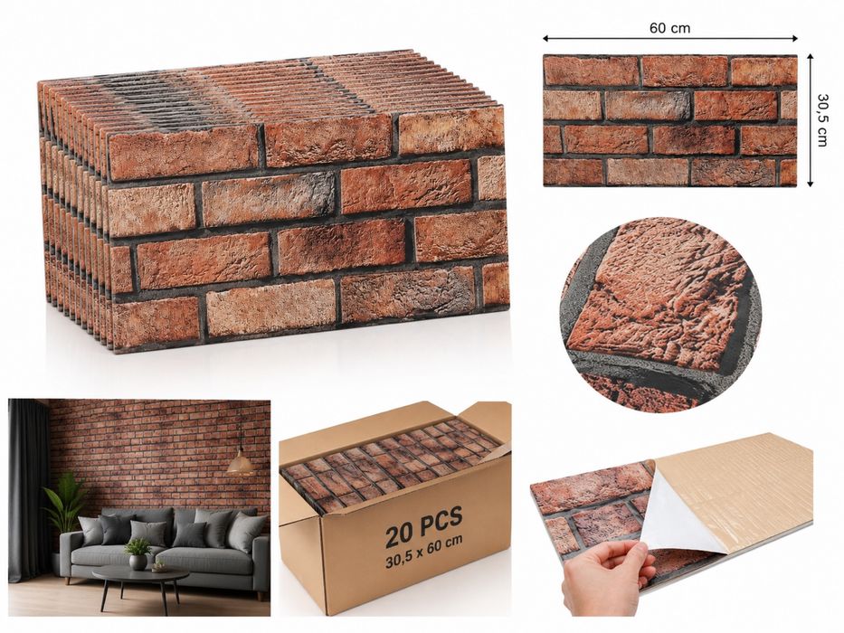 Panele ścienne 3D samoprzylepne Cegła Loft – 20 szt. | ok 3,66 m²