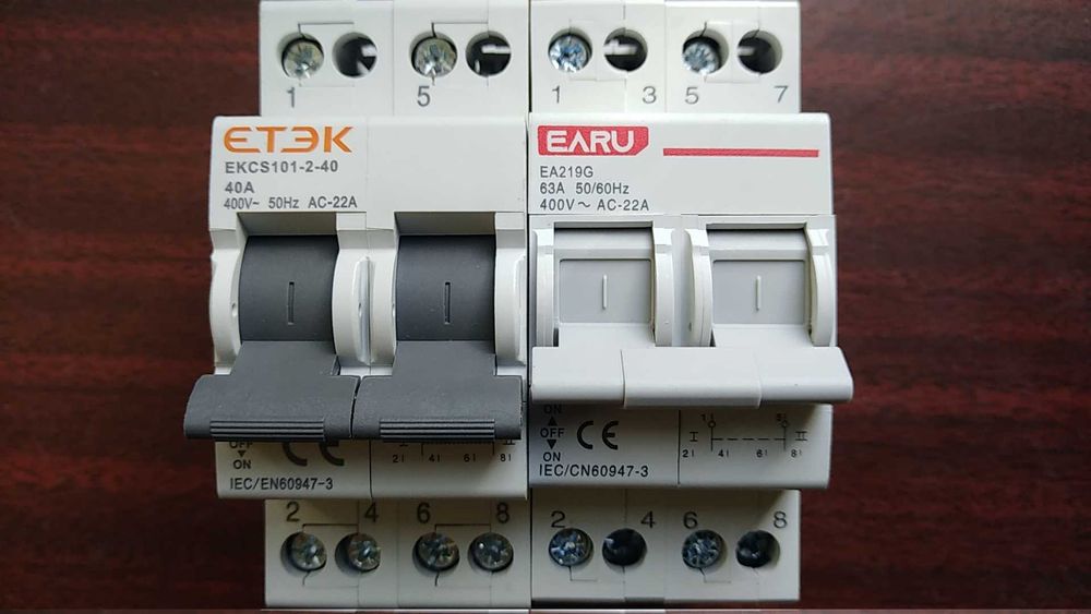 Переключатель ввода резерва I-0-II с общим выходом сверху, 40А, 63А.