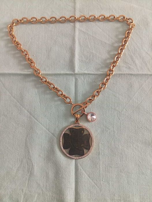 Colar dourado, com aros largos e medalha