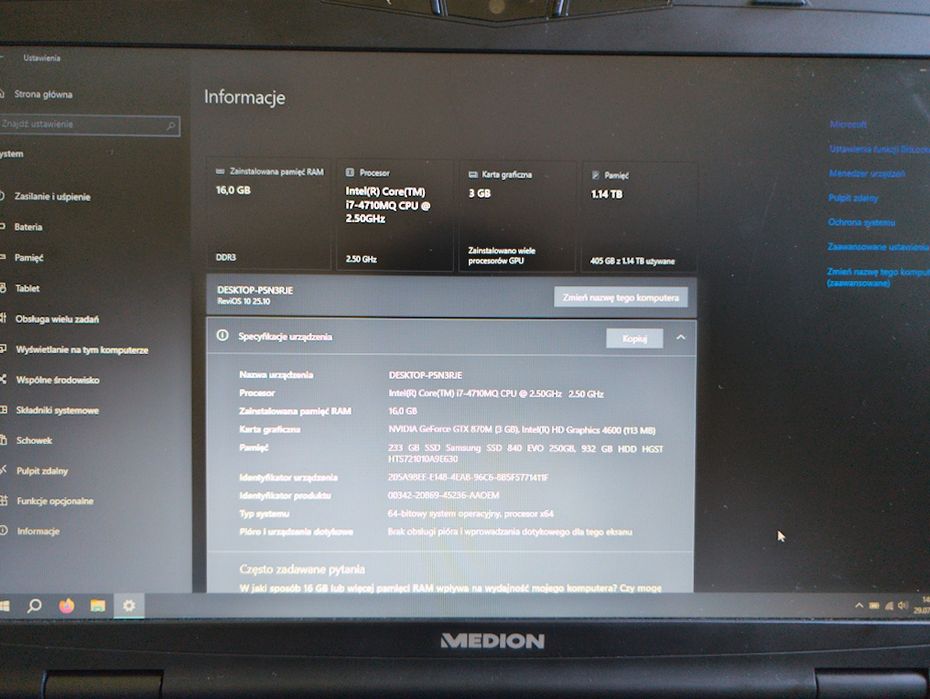 Laptop Gamingowy Medion Erazer x7829