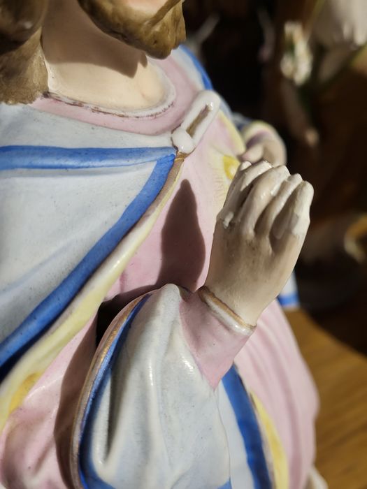 Duża zabytkowa figura Najświętsze Serce Pan Jezus porcelana Andenne