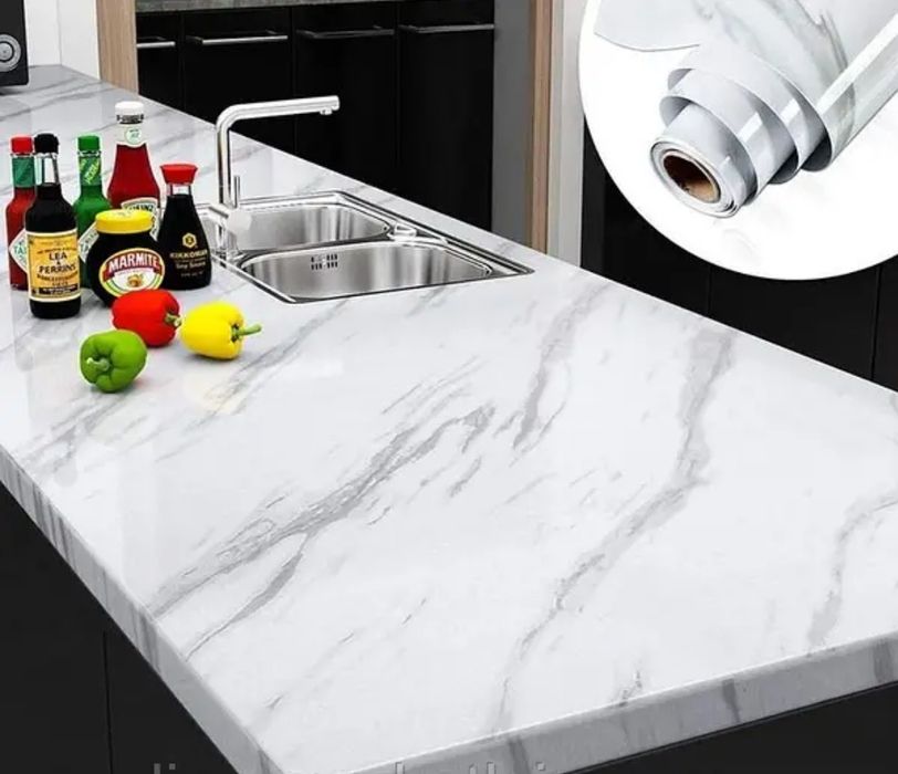 Самоклеющаяся защитная пленка Supretto Мрамор черный белый 2м 5м*60см