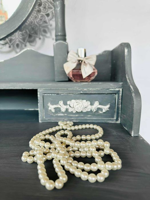 Toaletka z lusterkiem, szara, GRATIS stołek