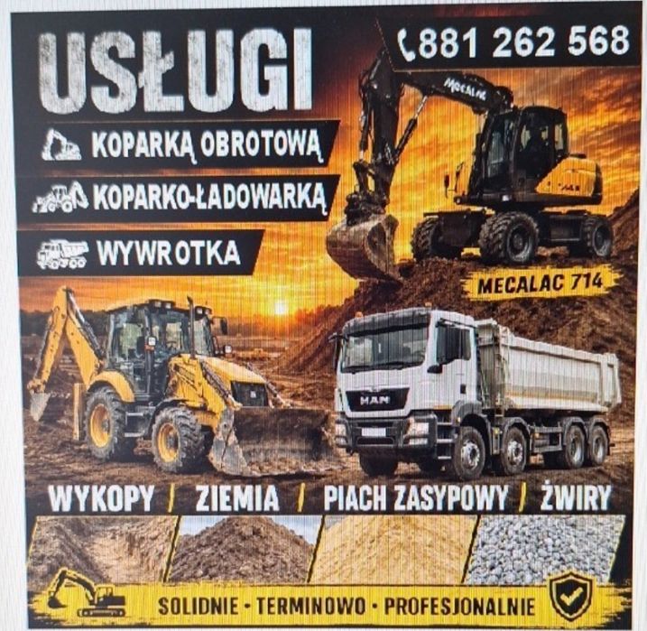 Uslugi. Prace ziemne.  Koparko ladowarka.  koparka kolowa.Wywrotka HDS