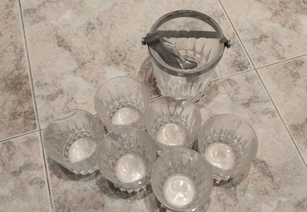 Lote 6 Copos Vidro whisky com Balde Metal + pinça