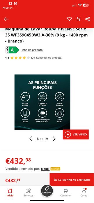 Máquina de lavar roupa HISENSE 9kg (WIFI) NOVA/EMBALADA