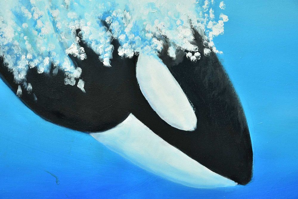 Quadro - Pintura a Óleo Original "Orca e a Família a Brincar na Ondas"
