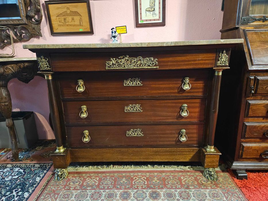 Cómoda antiga estilo Império em madeira e tampo em pedra - Bom estad