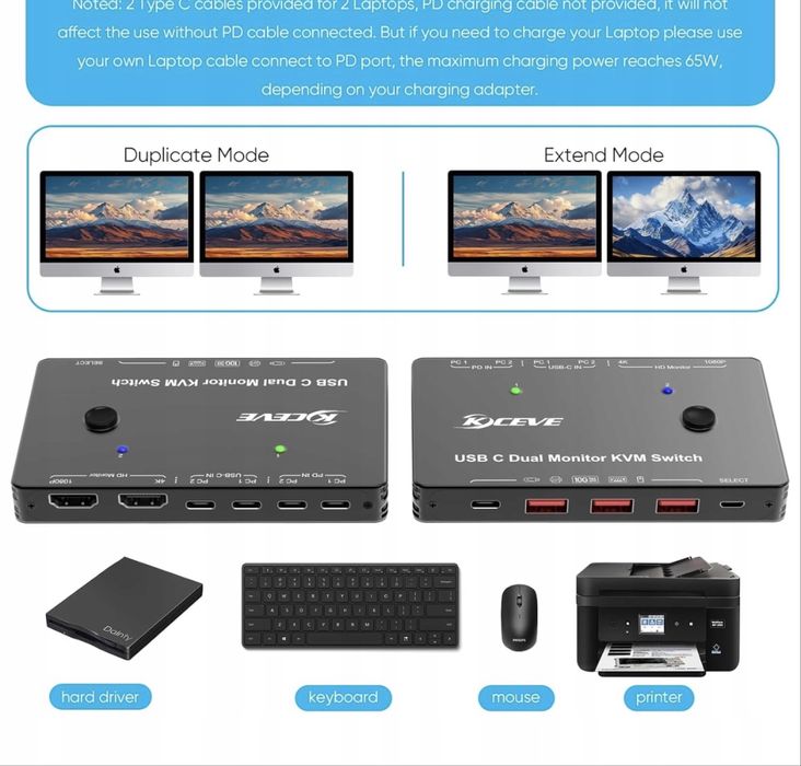 Przełącznik KVM 2 monitory 2 komputery USB C