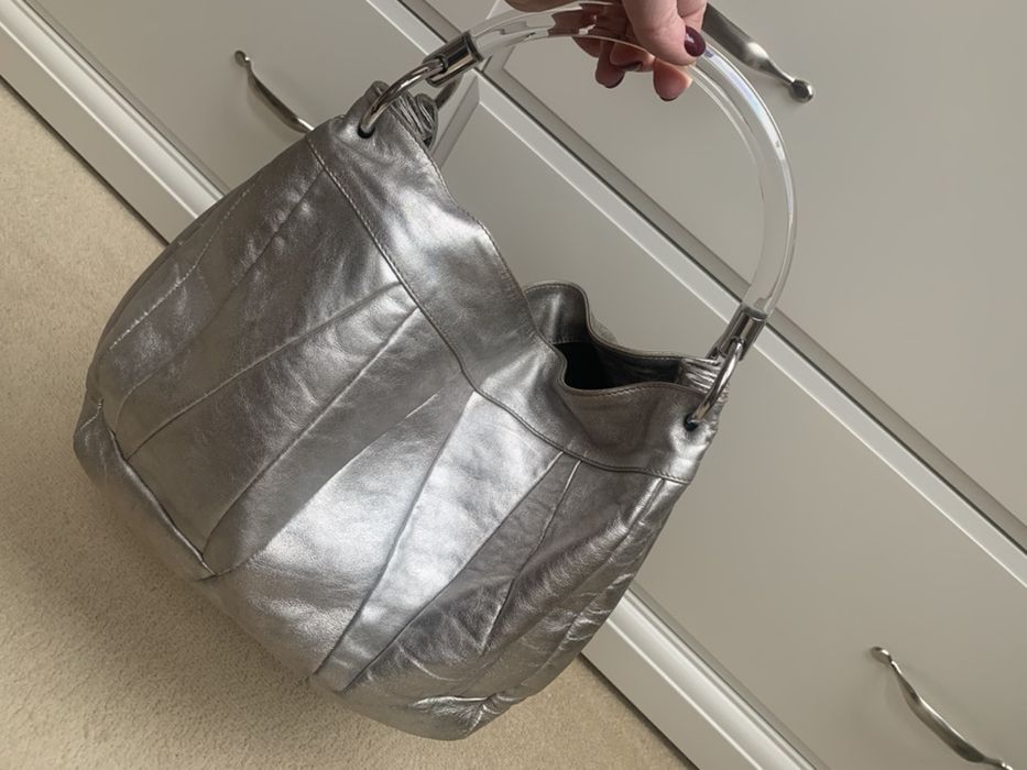 Furla torebka duża skórzana srebrna oryginał