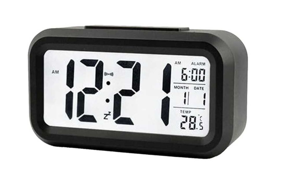 Zegar z budzikiem czarny 25cm z termometrem