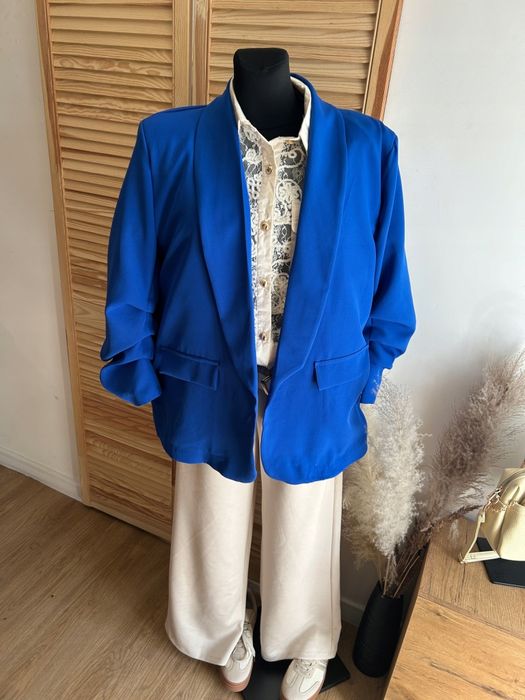 Marynarka damska Plus Size – elegancka Luźny krój rękaw 3/4 chabrowa