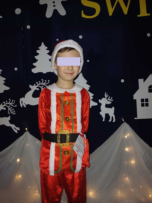 Strój Mikołaja dla dziecka + czapka, broda, sakiewka, rozmiar 98-104