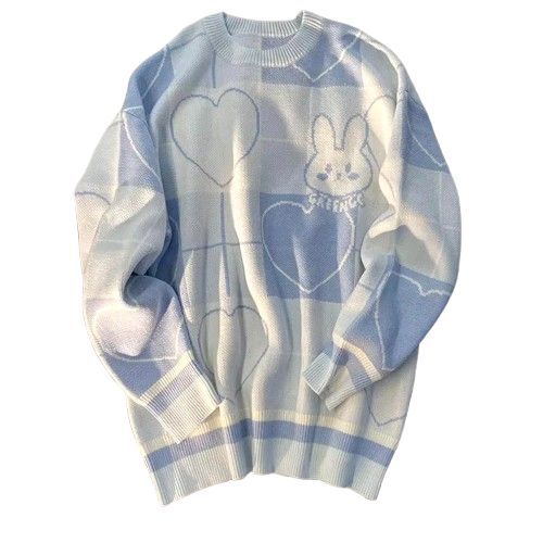 Damski Sweter Oversize w Serca z Motywem Królika Harajuku Kawaii - M