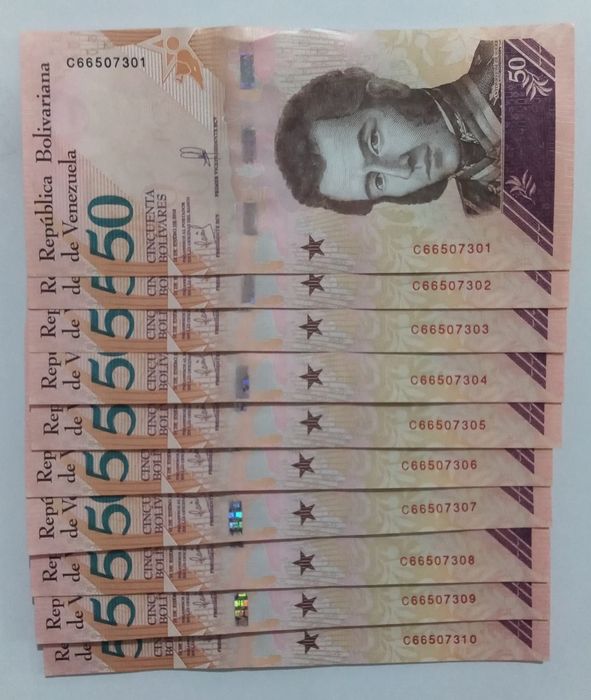 Lote 10 notas 50 Bolivares- numeração seguida UNC