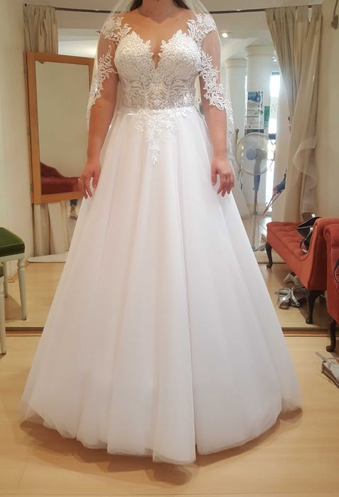 Suknia ślubna biała, tiul z brokatem, księżniczka/ literka A