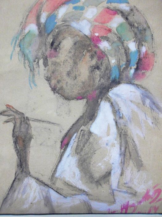 José Mergulhão - Aquarela - retrato de uma africana- assinado - 1964