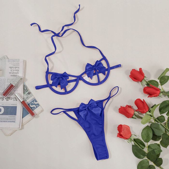 Afrodyta komplet z kokardkami bielizna prezent Walentynki niebieski