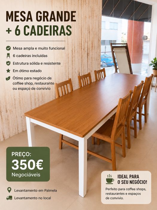 Mesa grande e seis cadeiras