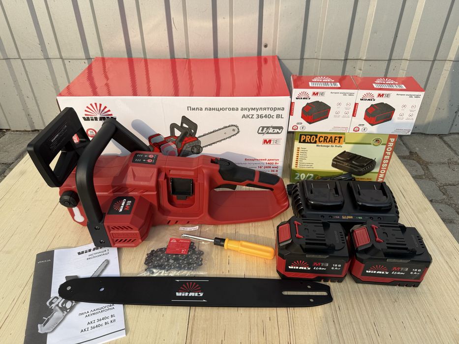 Пила акумуляторна Vitals AKZ 3640C BL М18/ 2 акумулятори 6 А/г та ЗП/ 1,4 кВт/ шина 40см/ швидкість 11,2 м/с/ Гарантія 3роки/Безщітковий мідний двигун