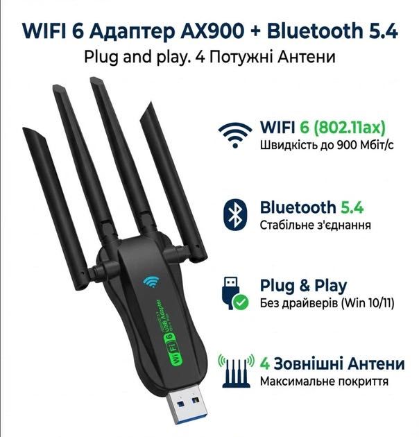 Дводіапазонний 2.4/5GHz USB WiFi6 Адаптер AX900 + Bluetooth 5.4