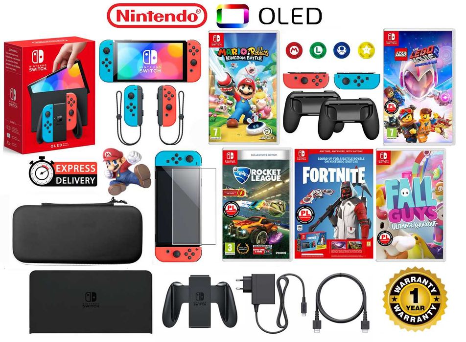 Nintendo SWITCH Oled 64GB + 4 gry + etui + 2 grip + szkło + ROK gwarancji