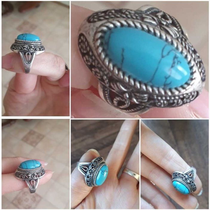 Перстень и серьги с бирюзой, комплект винтажный (СССР)