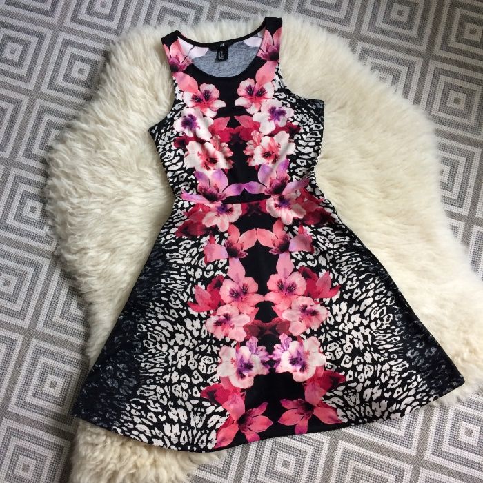 H&M sukienka czarna różowa kolorowa rozkloszowana letnia y2k XS 34