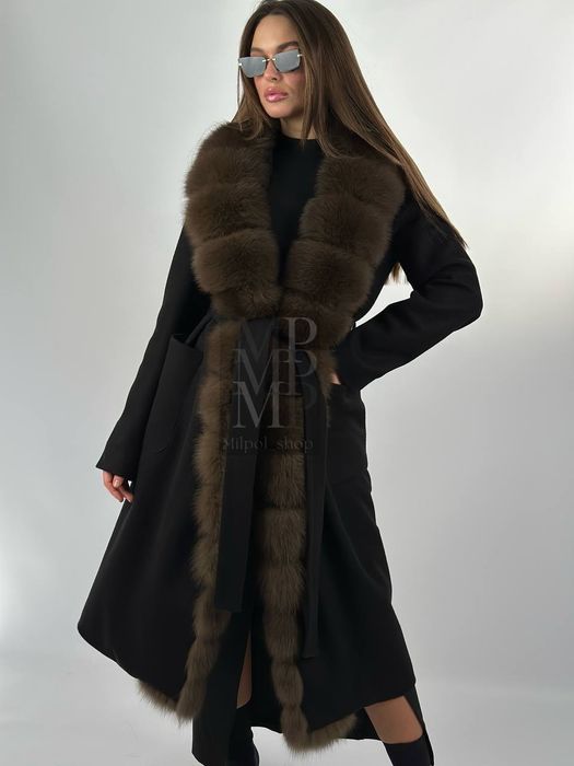Женское чёрное пальто с натуральным мехом песца, 115 см, 42-54 размеры