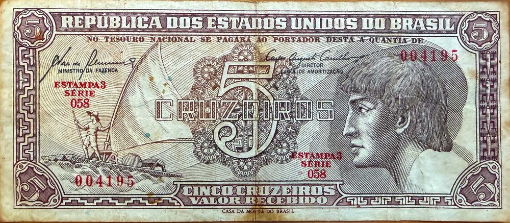 Nota Antiga Brasil 5 Cruzeiros (Estampa 3 - Índio / Vitória-Régia) - Casa da Moeda