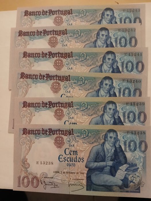 Vendo 6 notas de 100 escudos de 1980