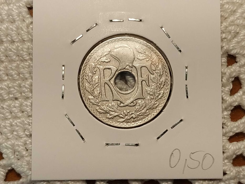 França - moeda de 25 cêntimos de 1932 (redonda com furo)