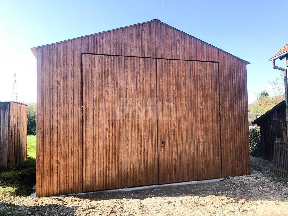 Garaż blaszany 5x9 Brama  3x okno drewnopodobny Dach dwuspadowy GP127
