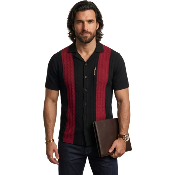 Men's Polo Shirt - Knit Sweater Look, Slim Fit - XL Black/Red