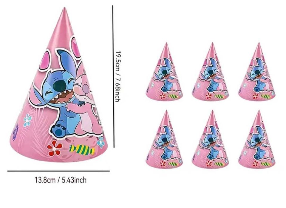 Czapeczki Papierowe -  Stitch Disney Urodziny Imprezy - 6 szt