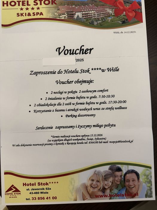 Voucher DO HOTELU STOK w Wiśle 2 osoby z wyzywieniem i baseny