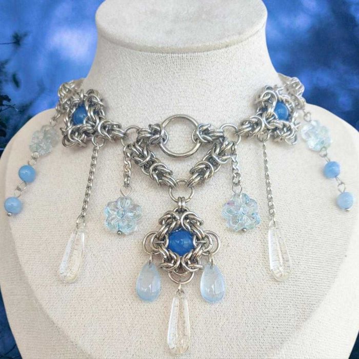 Choker naszyjnik handmade z akwamarynem szkłem Stal chirurgiczna