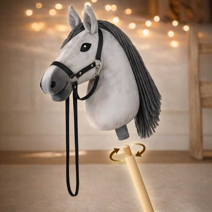 Koń na kiju Hobby Horse A3 z ogłowiem i lejcem szary